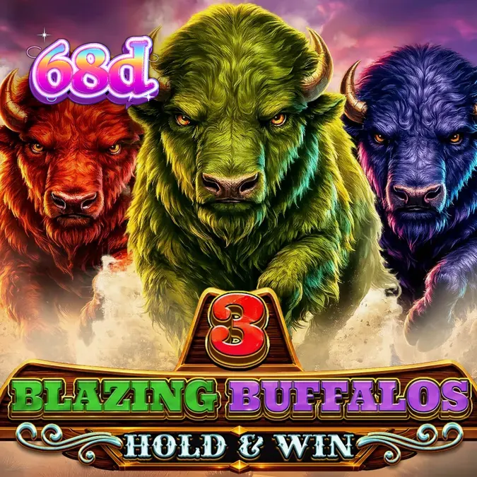 Interface do jogo de slot 3 Blazing Buffalos: Hold & Win com temática de deserto neon